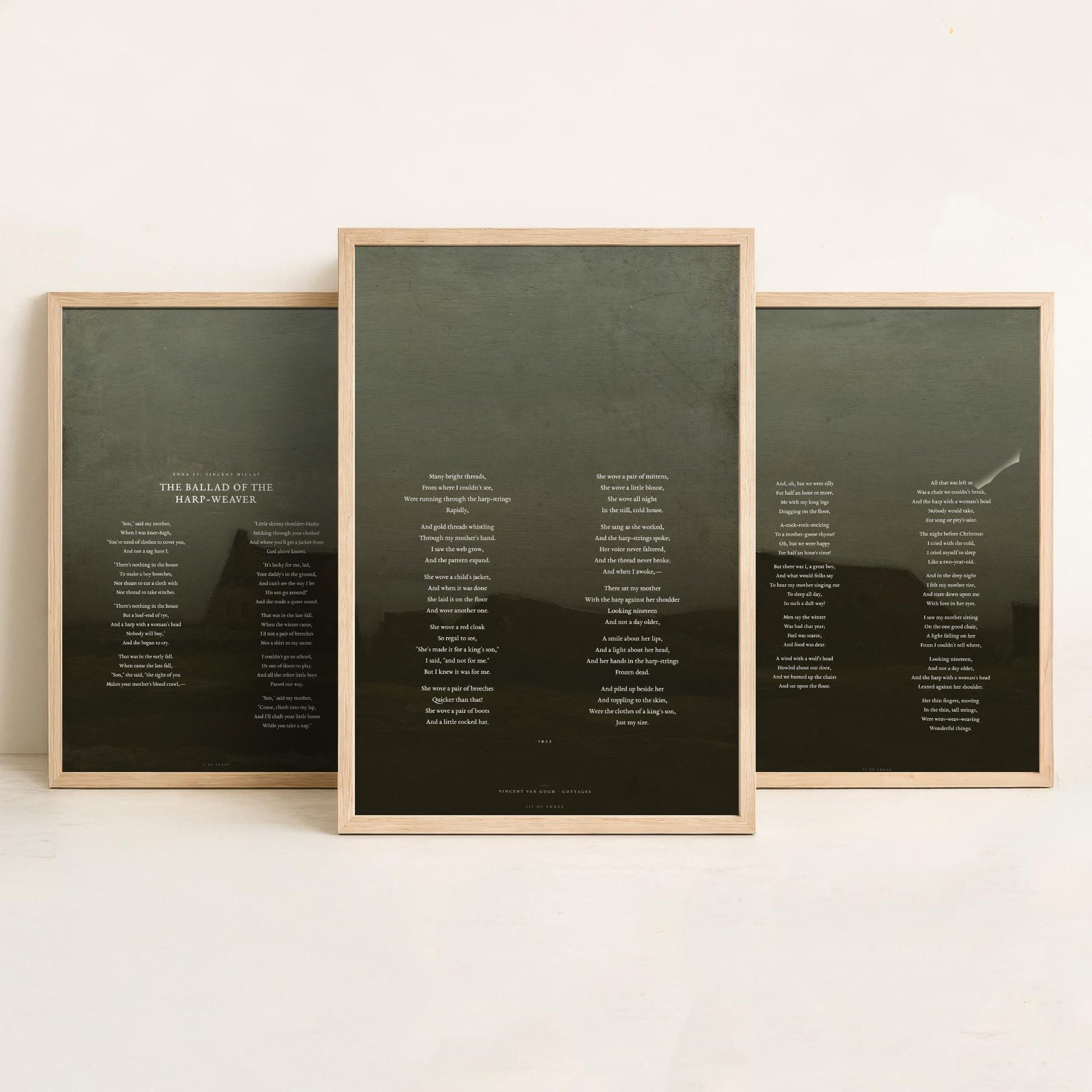 The Ballad of the Harp Weaver by Edna St Vincent Millay Set of Three Art Prints - Full Poem over Van Gogh Painting - Poetry Poster Triptych