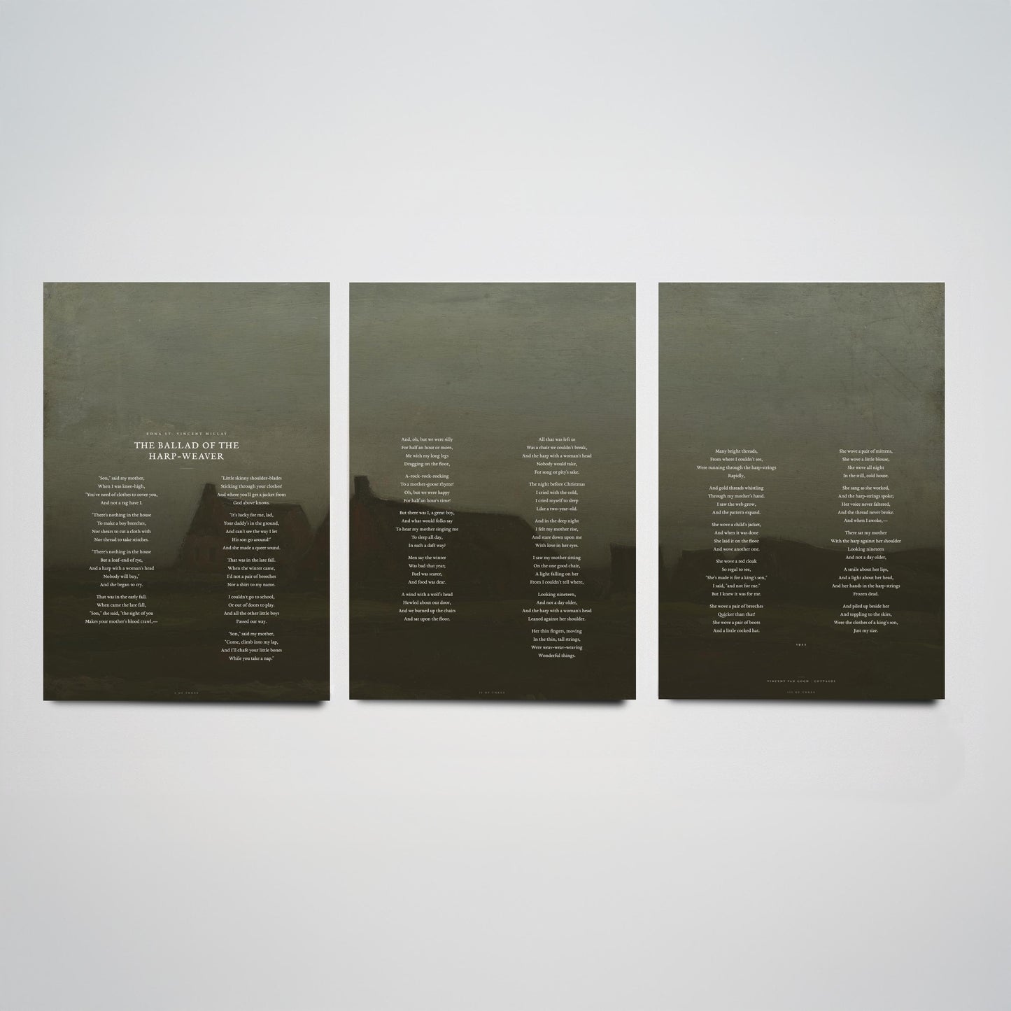 The Ballad of the Harp Weaver by Edna St Vincent Millay Set of Three Art Prints - Full Poem over Van Gogh Painting - Poetry Poster Triptych
