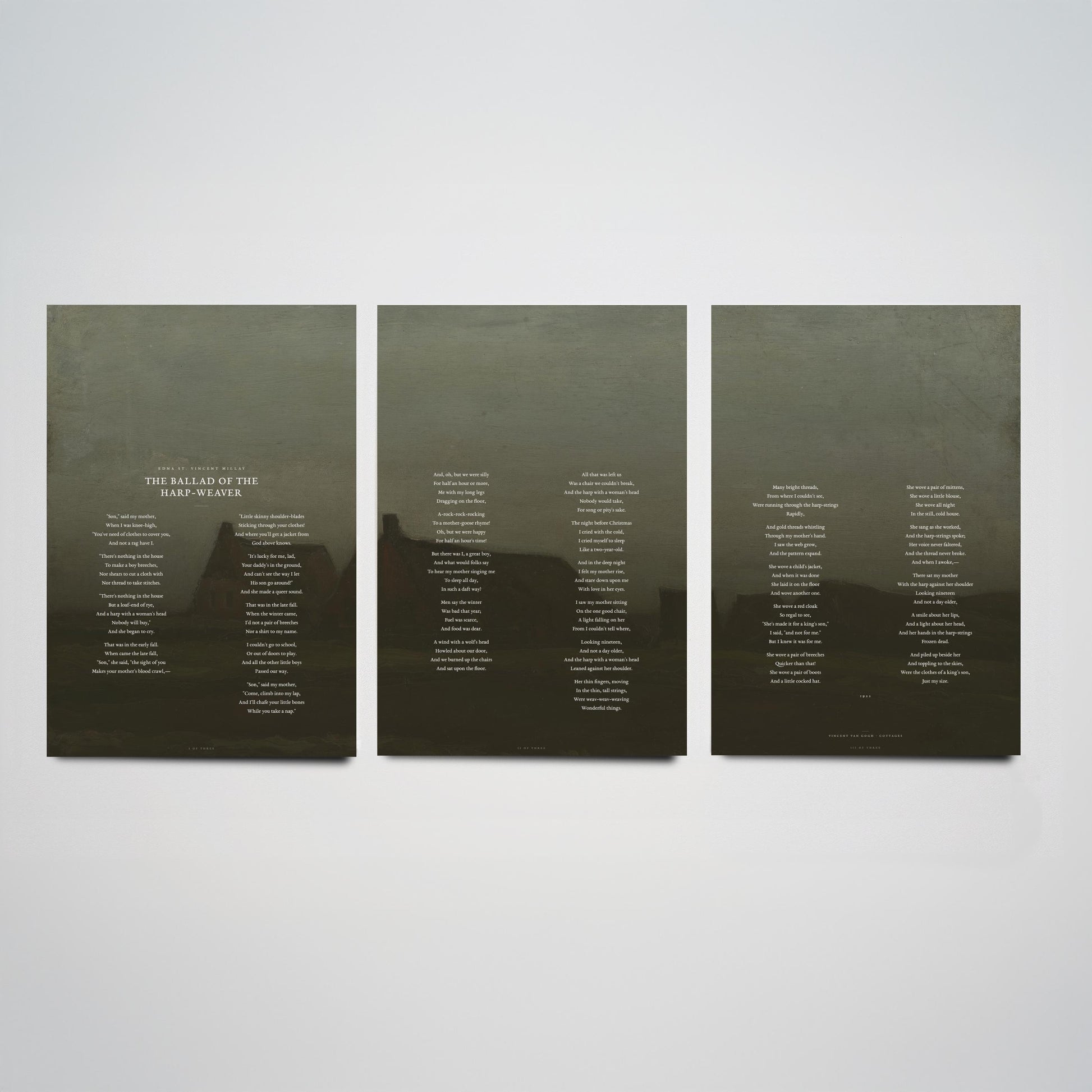 The Ballad of the Harp Weaver by Edna St Vincent Millay Set of Three Art Prints - Full Poem over Van Gogh Painting - Poetry Poster Triptych