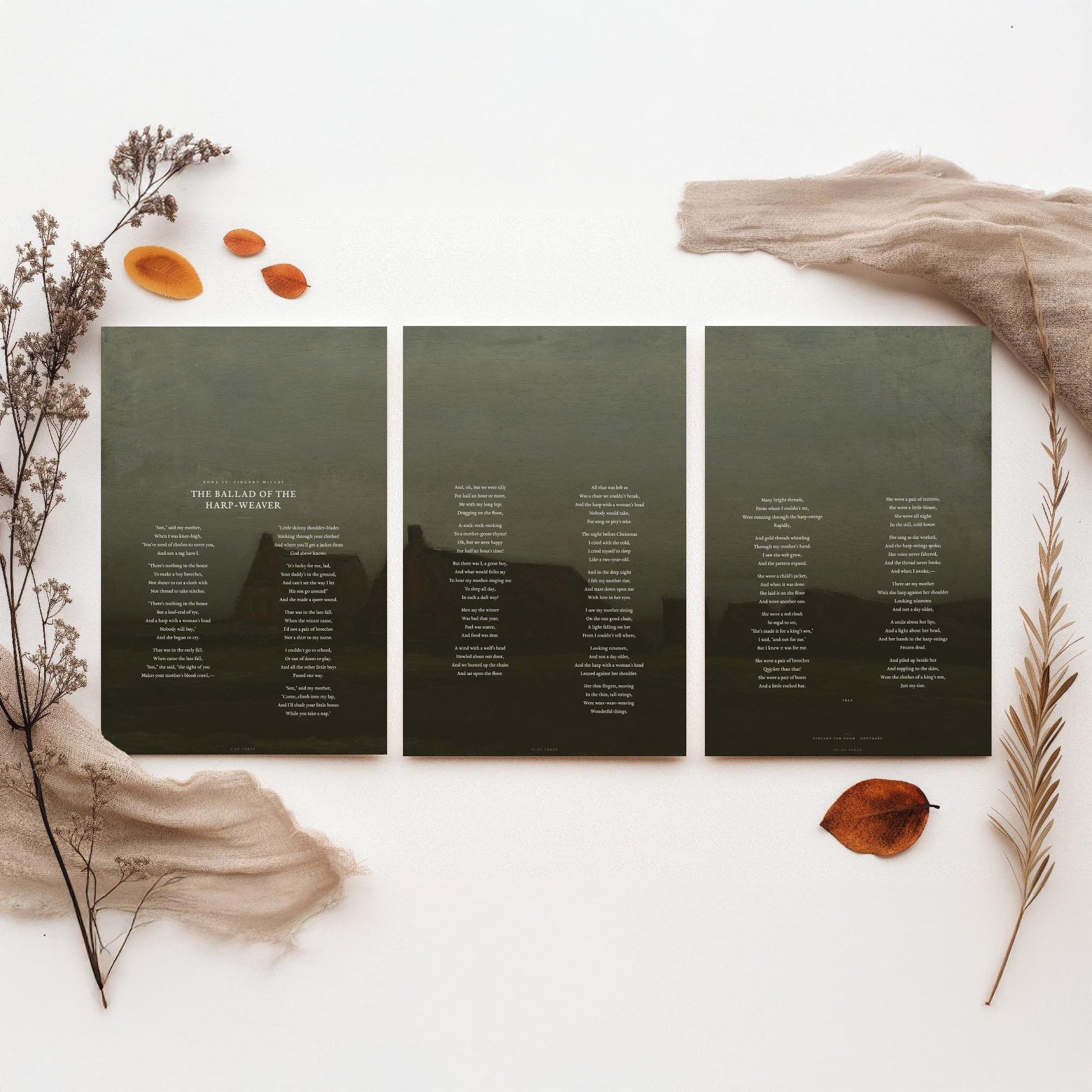 The Ballad of the Harp Weaver by Edna St Vincent Millay Set of Three Art Prints - Full Poem over Van Gogh Painting - Poetry Poster Triptych