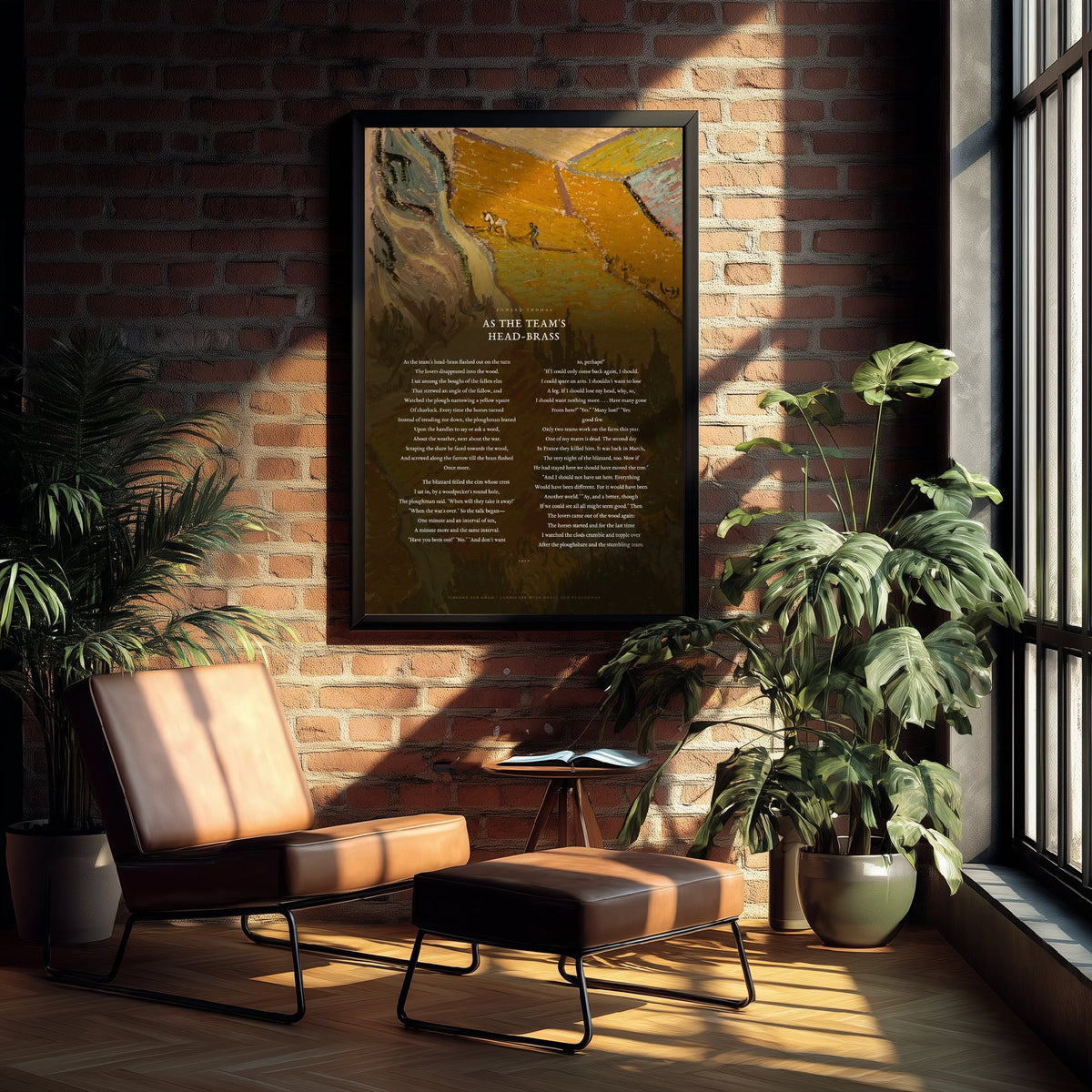 As the Team's Head-Brass by Edward Thomas Art Print - Full Poem over Van Gogh Landscape with House and Ploughman Painting - Poster