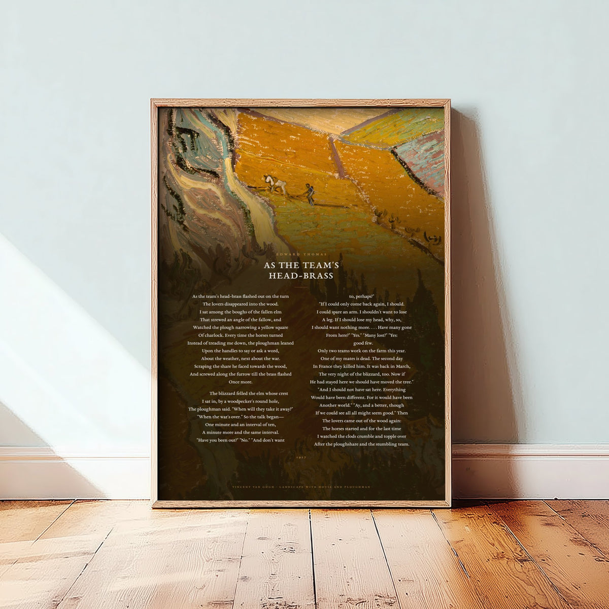 As the Team's Head-Brass by Edward Thomas Art Print - Full Poem over Van Gogh Landscape with House and Ploughman Painting - Poster