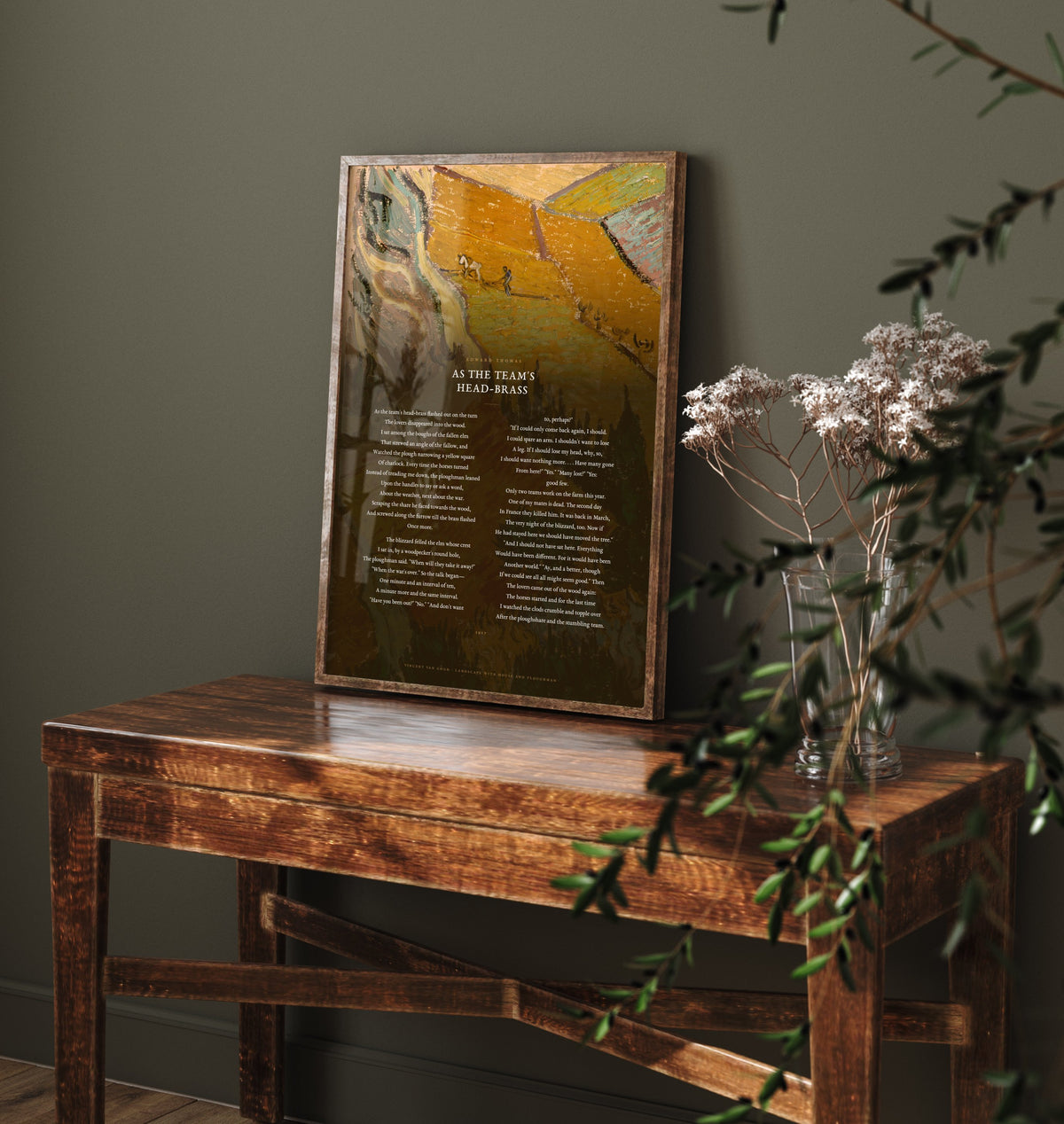 As the Team's Head-Brass by Edward Thomas Art Print - Full Poem over Van Gogh Landscape with House and Ploughman Painting - Poster