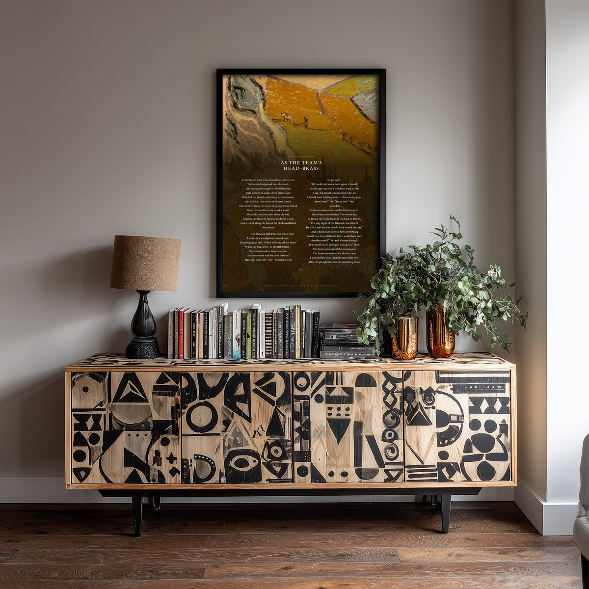 As the Team's Head-Brass by Edward Thomas Art Print - Full Poem over Van Gogh Landscape with House and Ploughman Painting - Poster