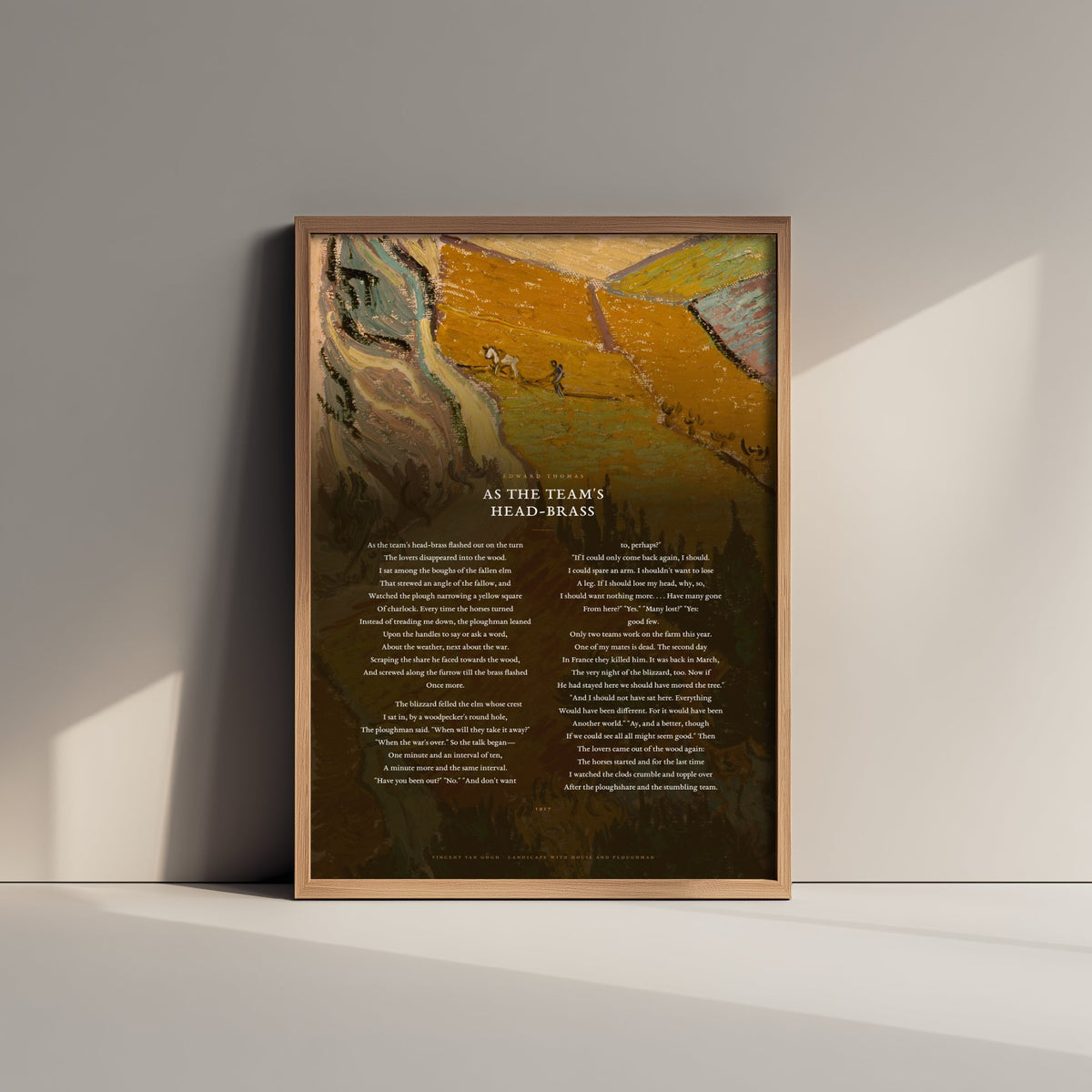 As the Team's Head-Brass by Edward Thomas Art Print - Full Poem over Van Gogh Landscape with House and Ploughman Painting - Poster