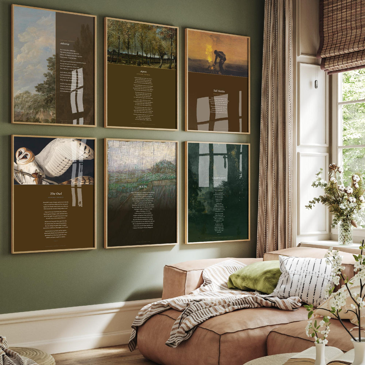 Set of Six Edward Thomas Poem Art Prints - 6 Full Poems over Classic Paintings - Posters - Adlestrop, Rain, Aspens, The Owl, Lights Out