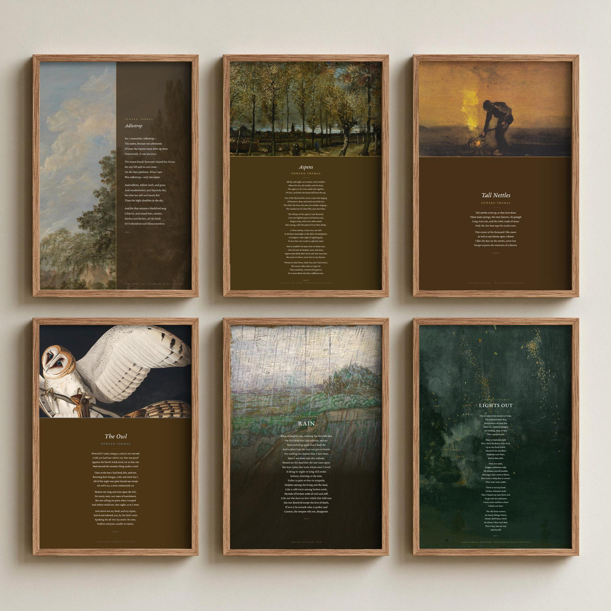 Set of Six Edward Thomas Poem Art Prints - 6 Full Poems over Classic Paintings - Posters - Adlestrop, Rain, Aspens, The Owl, Lights Out