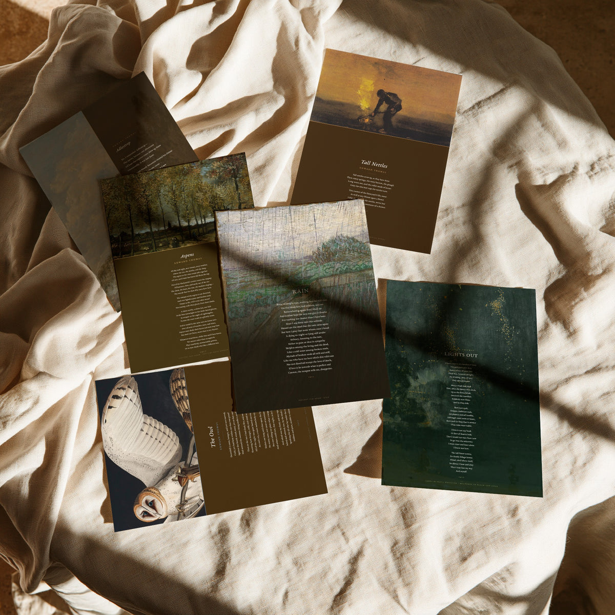 Set of Six Edward Thomas Poem Art Prints - 6 Full Poems over Classic Paintings - Posters - Adlestrop, Rain, Aspens, The Owl, Lights Out