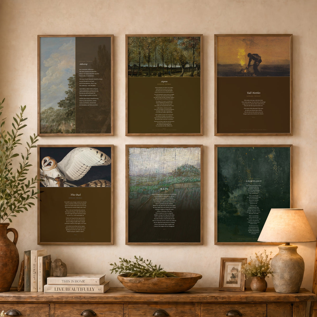 Set of Six Edward Thomas Poem Art Prints - 6 Full Poems over Classic Paintings - Posters - Adlestrop, Rain, Aspens, The Owl, Lights Out