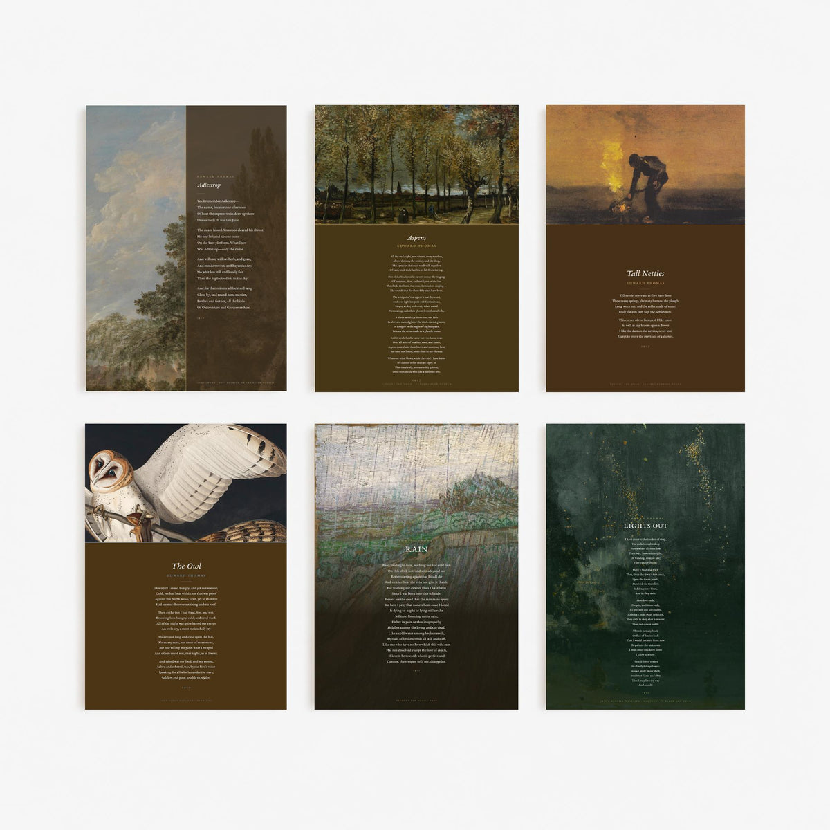 Set of Six Edward Thomas Poem Art Prints - 6 Full Poems over Classic Paintings - Posters - Adlestrop, Rain, Aspens, The Owl, Lights Out