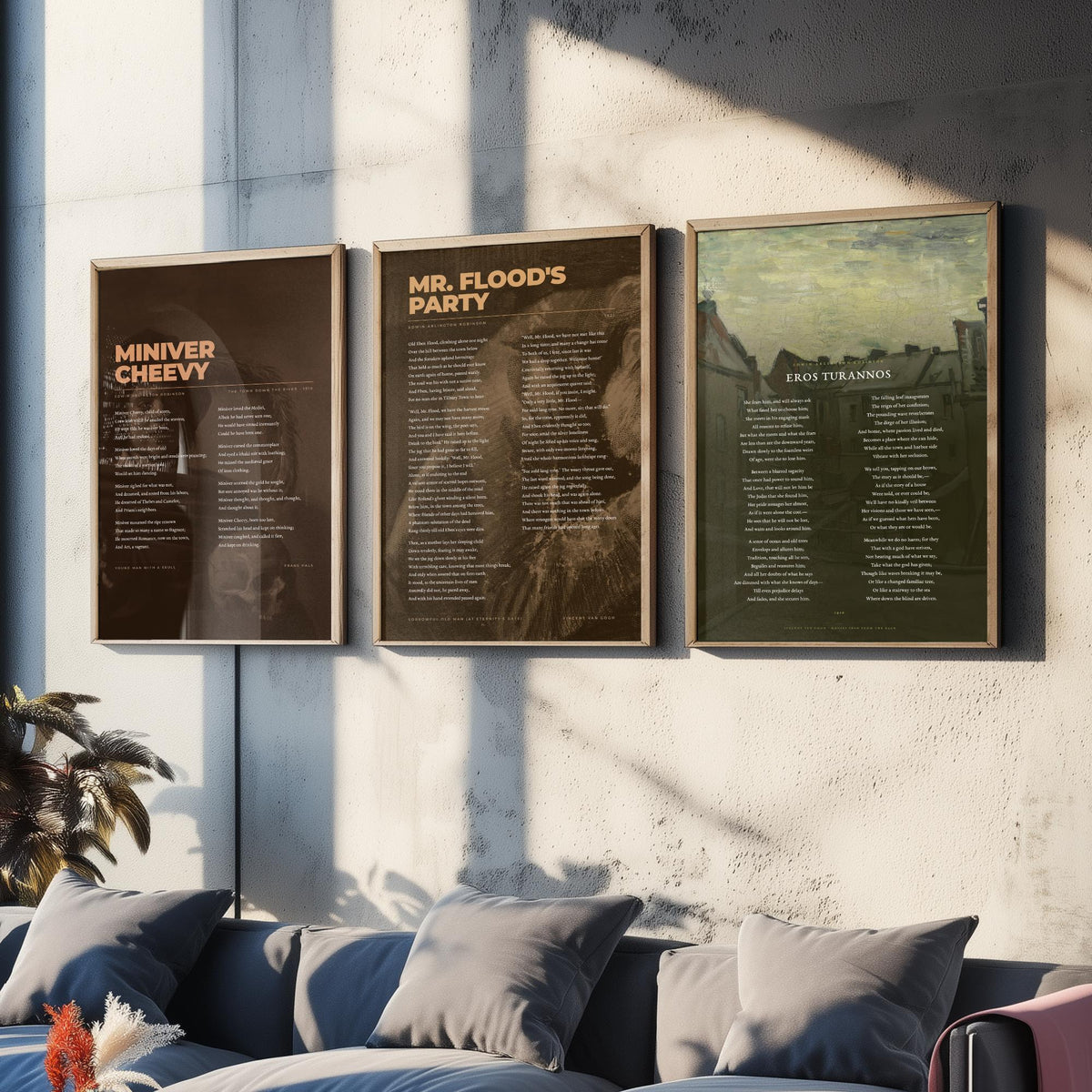 Edwin Arlington Robinson Poems Set of Three Art Prints - Miniver Cheevy, Mr Flood's Party, Eros Turannos - Poetry Poster over Paintings