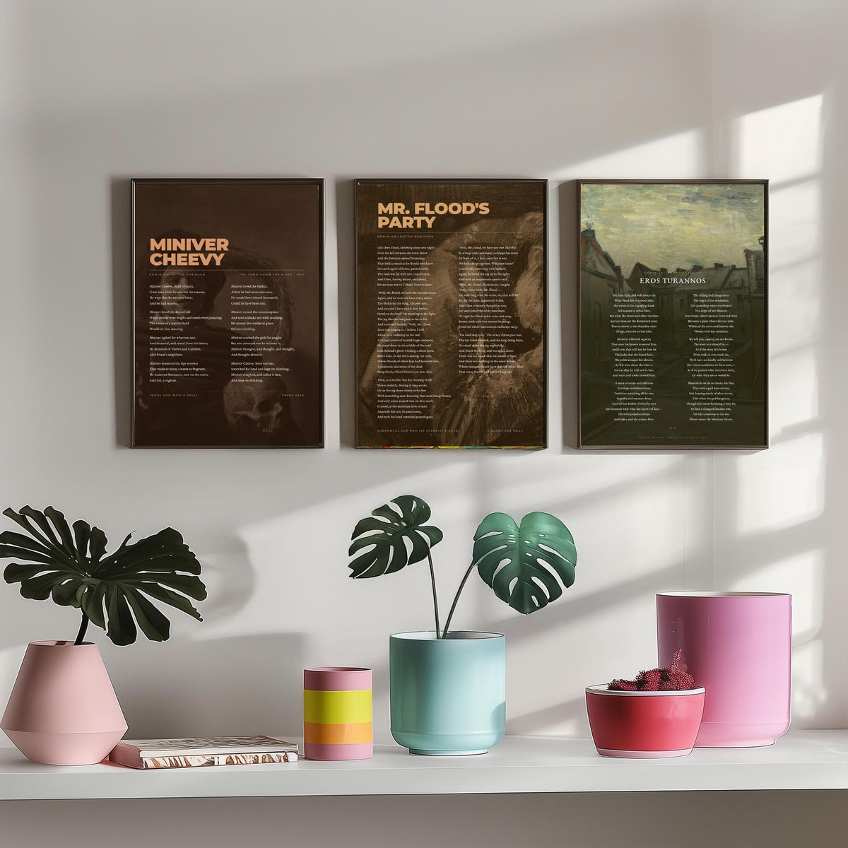 Edwin Arlington Robinson Poems Set of Three Art Prints - Miniver Cheevy, Mr Flood's Party, Eros Turannos - Poetry Poster over Paintings