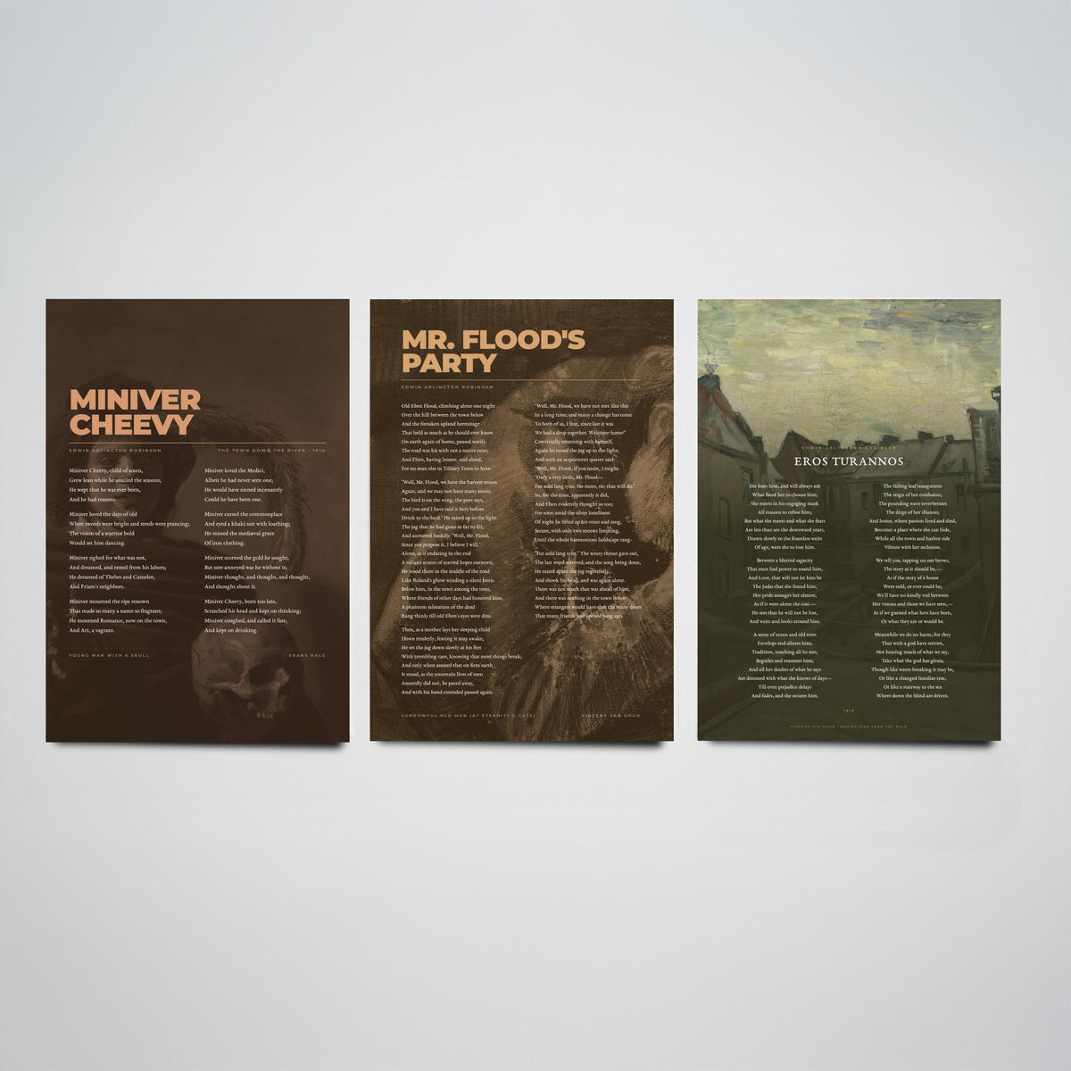 Edwin Arlington Robinson Poems Set of Three Art Prints - Miniver Cheevy, Mr Flood's Party, Eros Turannos - Poetry Poster over Paintings