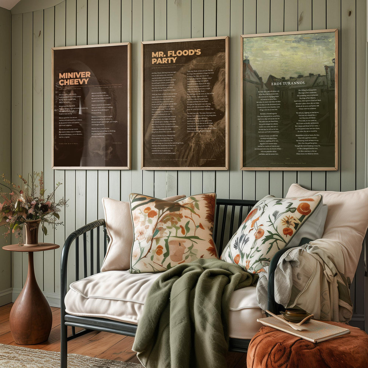 Edwin Arlington Robinson Poems Set of Three Art Prints - Miniver Cheevy, Mr Flood's Party, Eros Turannos - Poetry Poster over Paintings