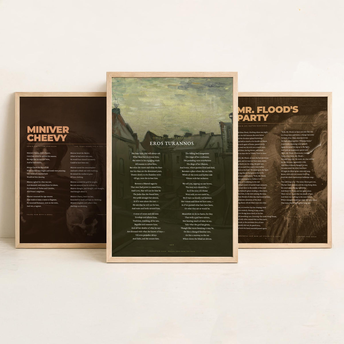 Edwin Arlington Robinson Poems Set of Three Art Prints - Miniver Cheevy, Mr Flood's Party, Eros Turannos - Poetry Poster over Paintings