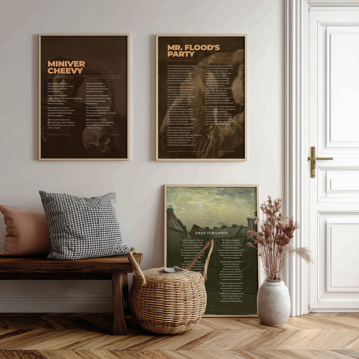 Edwin Arlington Robinson Poems Set of Three Art Prints - Miniver Cheevy, Mr Flood's Party, Eros Turannos - Poetry Poster over Paintings