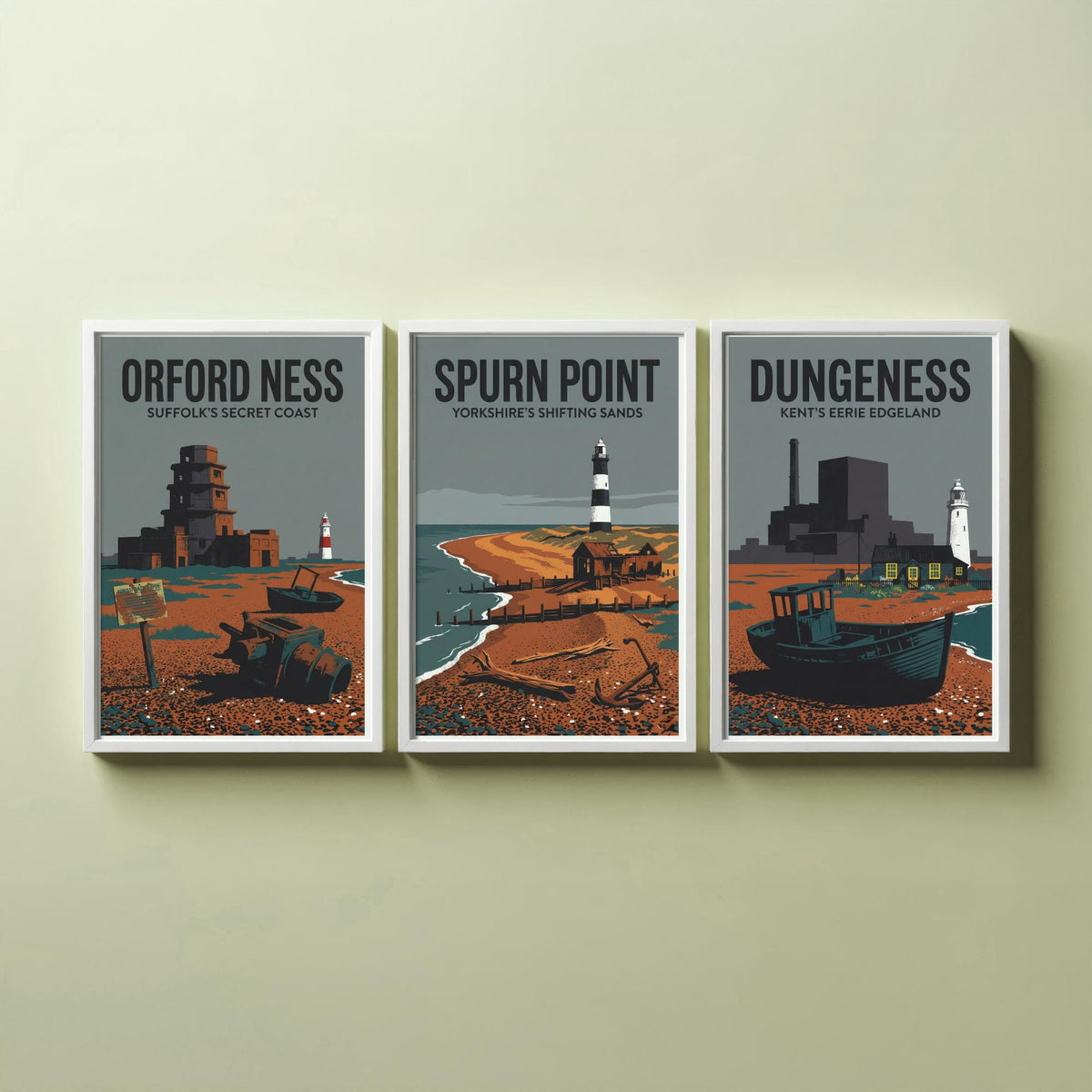Eerie Edgelands Set of Three Prints | Orford Ness Spurn Point Dungeness | Vintage British Coast Travel Wall Art Poster Illustration