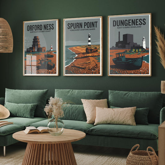 Eerie Edgelands Set of Three Prints | Orford Ness Spurn Point Dungeness | Vintage British Coast Travel Wall Art Poster Illustration