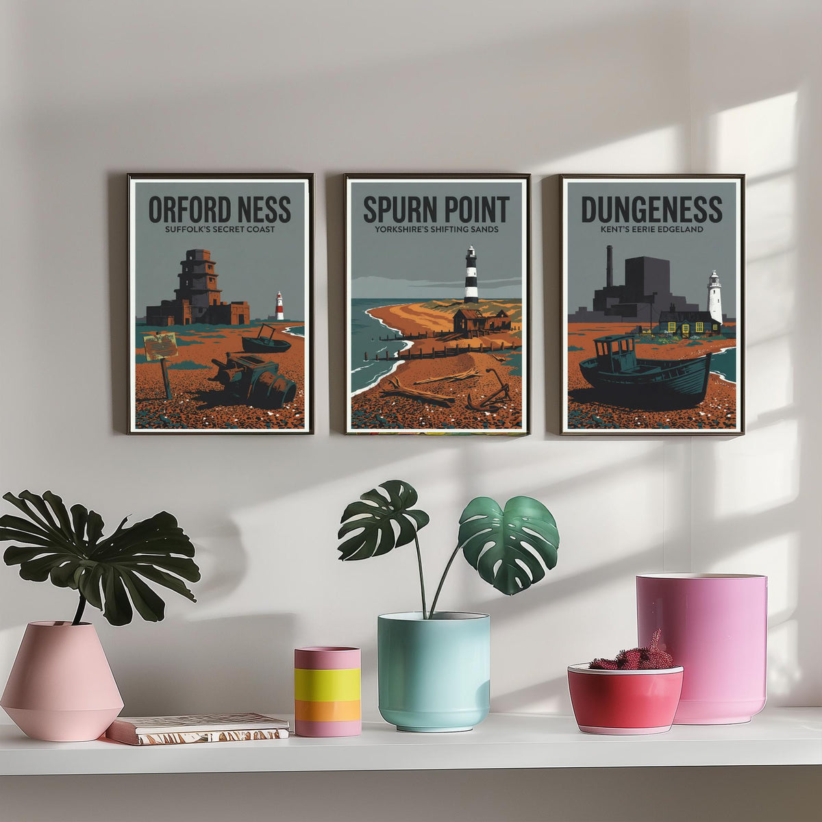 Eerie Edgelands Set of Three Prints | Orford Ness Spurn Point Dungeness | Vintage British Coast Travel Wall Art Poster Illustration