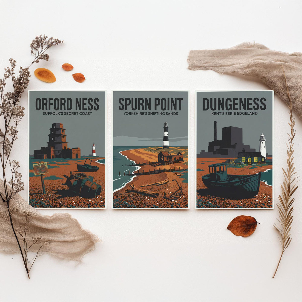 Eerie Edgelands Set of Three Prints | Orford Ness Spurn Point Dungeness | Vintage British Coast Travel Wall Art Poster Illustration
