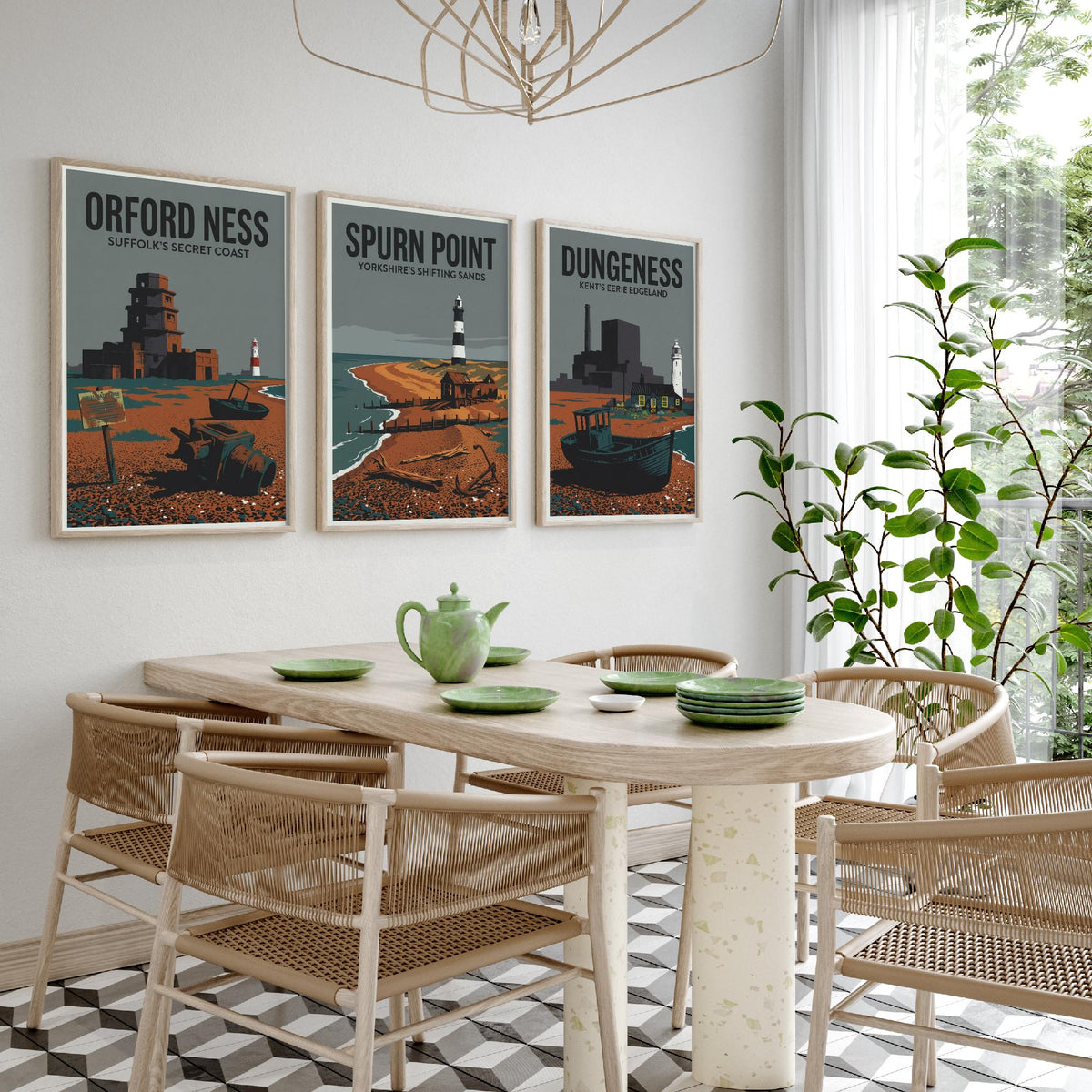 Eerie Edgelands Set of Three Prints | Orford Ness Spurn Point Dungeness | Vintage British Coast Travel Wall Art Poster Illustration