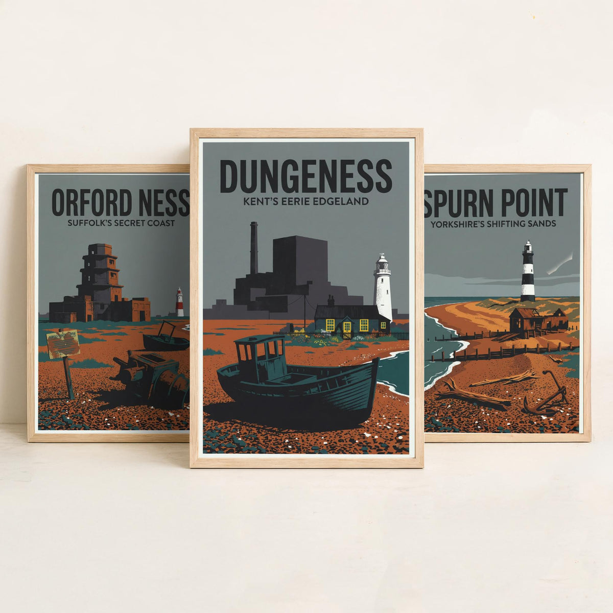 Eerie Edgelands Set of Three Prints | Orford Ness Spurn Point Dungeness | Vintage British Coast Travel Wall Art Poster Illustration