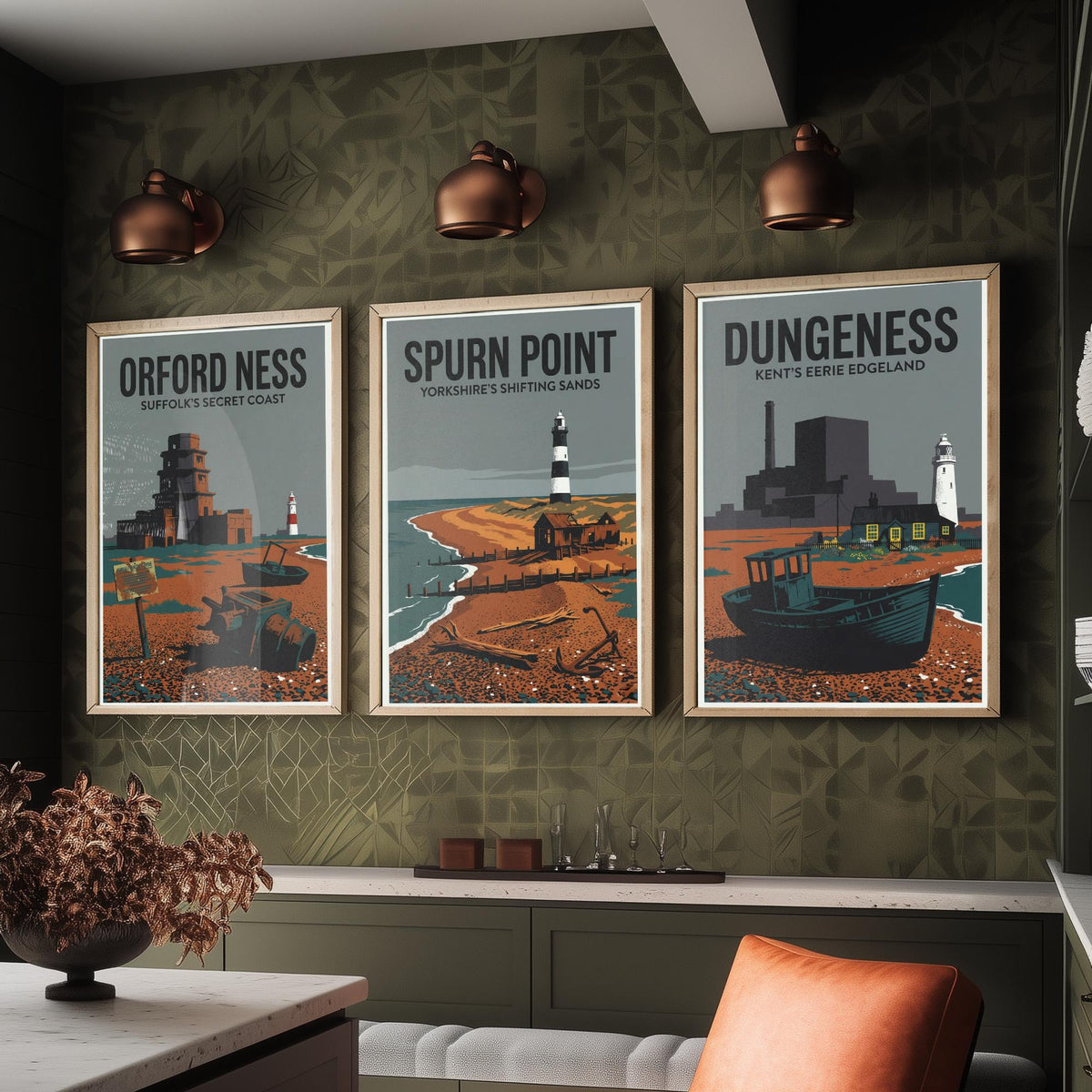 Eerie Edgelands Set of Three Prints | Orford Ness Spurn Point Dungeness | Vintage British Coast Travel Wall Art Poster Illustration