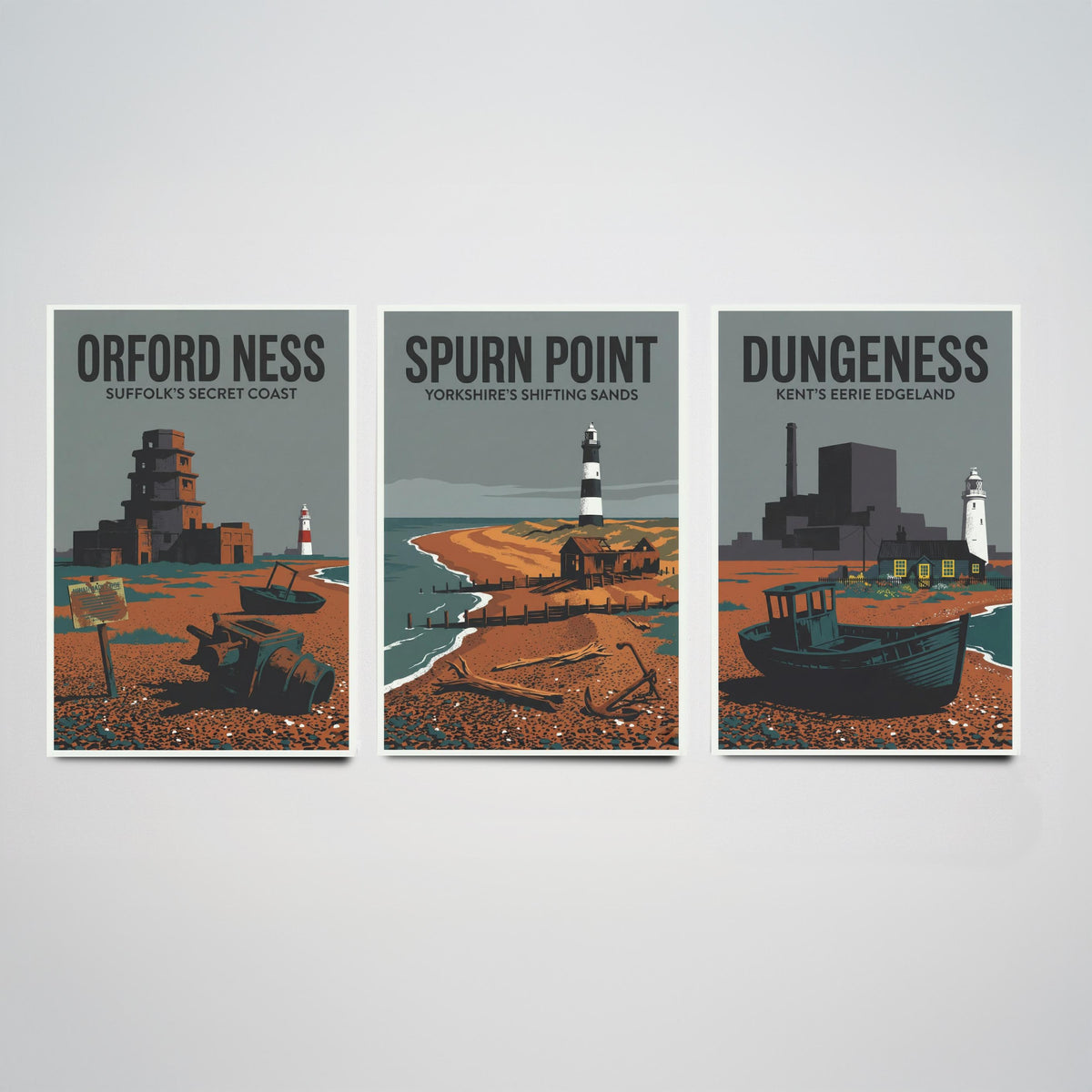 Eerie Edgelands Set of Three Prints | Orford Ness Spurn Point Dungeness | Vintage British Coast Travel Wall Art Poster Illustration