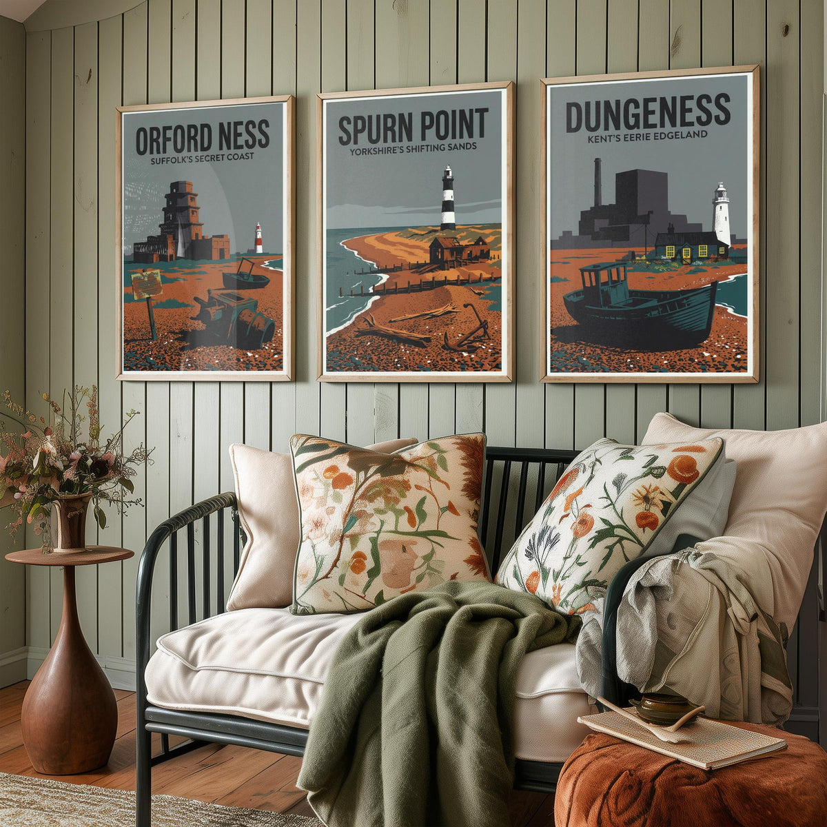 Eerie Edgelands Set of Three Prints | Orford Ness Spurn Point Dungeness | Vintage British Coast Travel Wall Art Poster Illustration