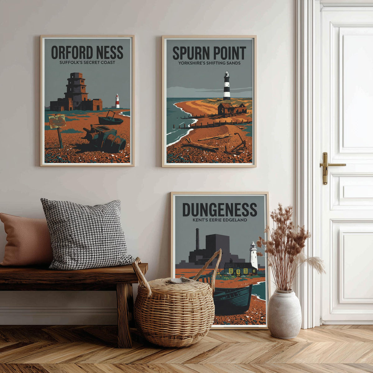 Eerie Edgelands Set of Three Prints | Orford Ness Spurn Point Dungeness | Vintage British Coast Travel Wall Art Poster Illustration