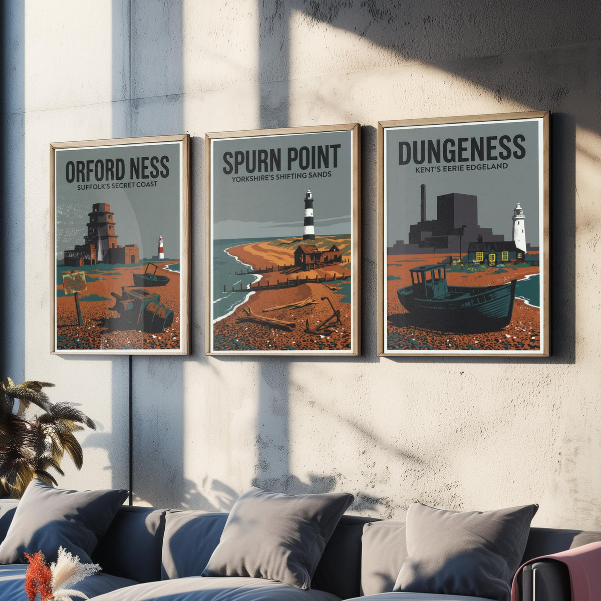 Eerie Edgelands Set of Three Prints | Orford Ness Spurn Point Dungeness | Vintage British Coast Travel Wall Art Poster Illustration