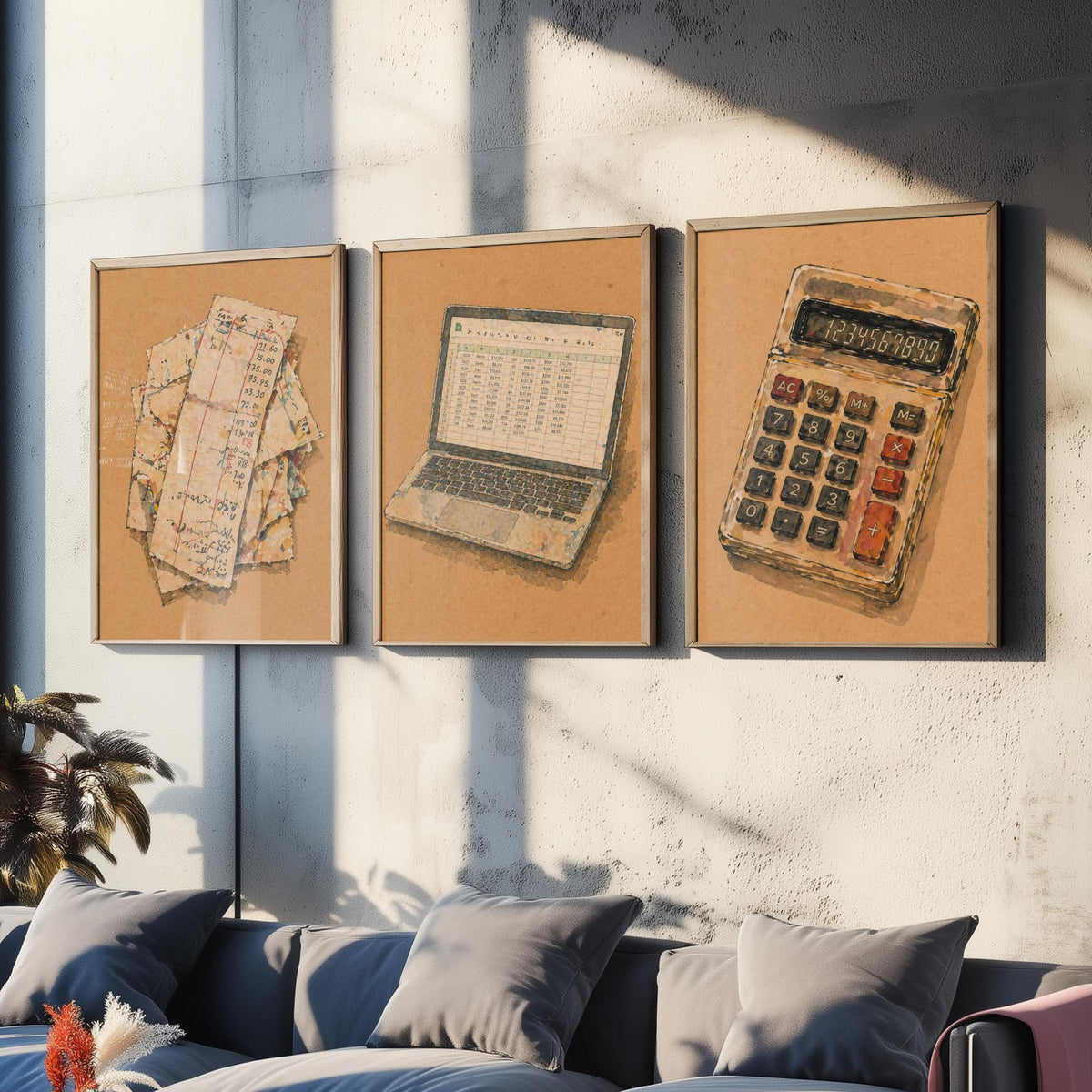 Accountant Set of Three Art Prints - 3 Receipts Laptop Calculator Posters - Egon Schiele Style Office Wall Art Gift Watercolour