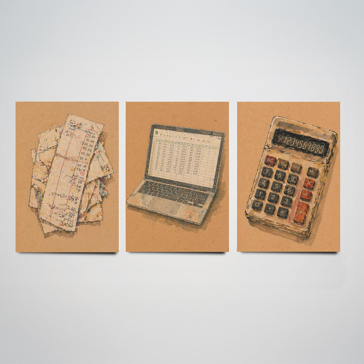Accountant Set of Three Art Prints - 3 Receipts Laptop Calculator Posters - Egon Schiele Style Office Wall Art Gift Watercolour