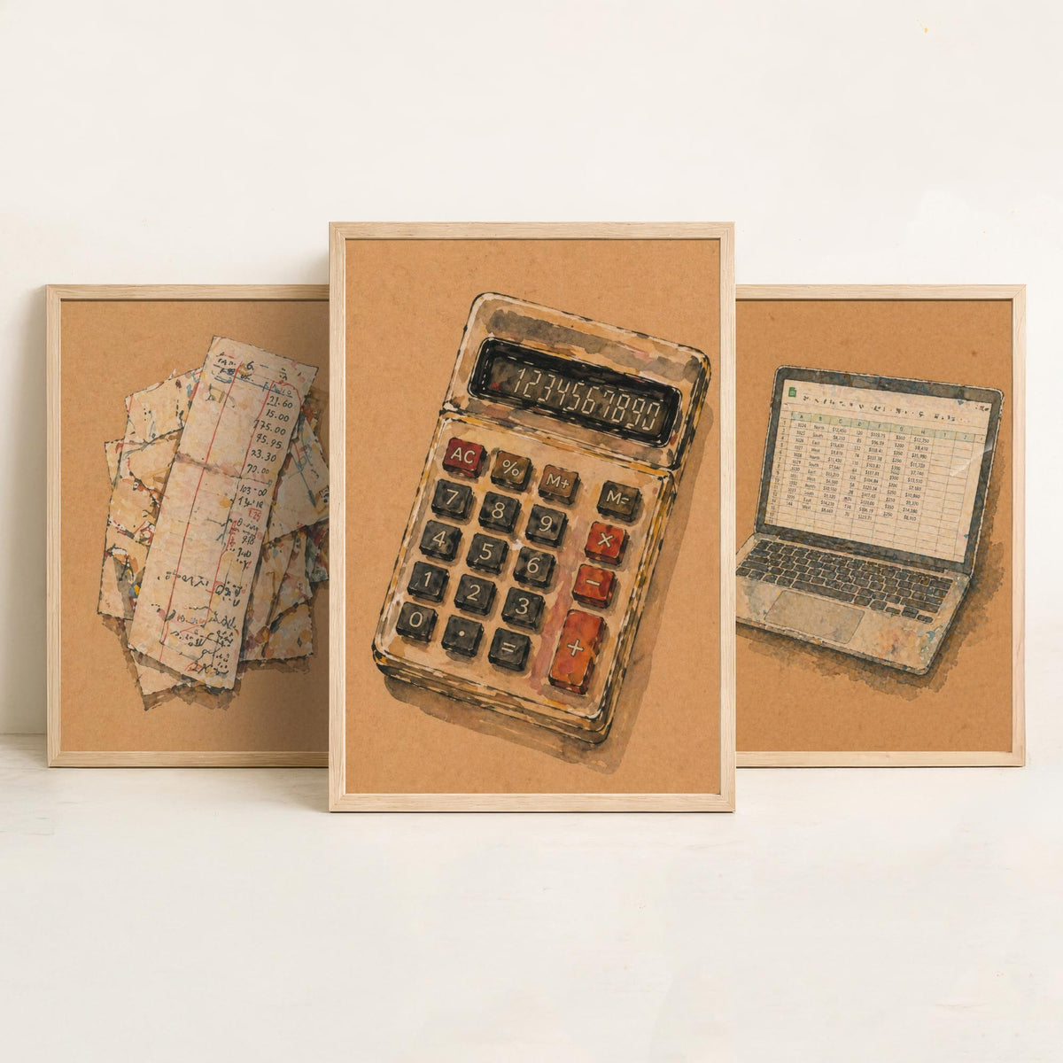 Accountant Set of Three Art Prints - 3 Receipts Laptop Calculator Posters - Egon Schiele Style Office Wall Art Gift Watercolour