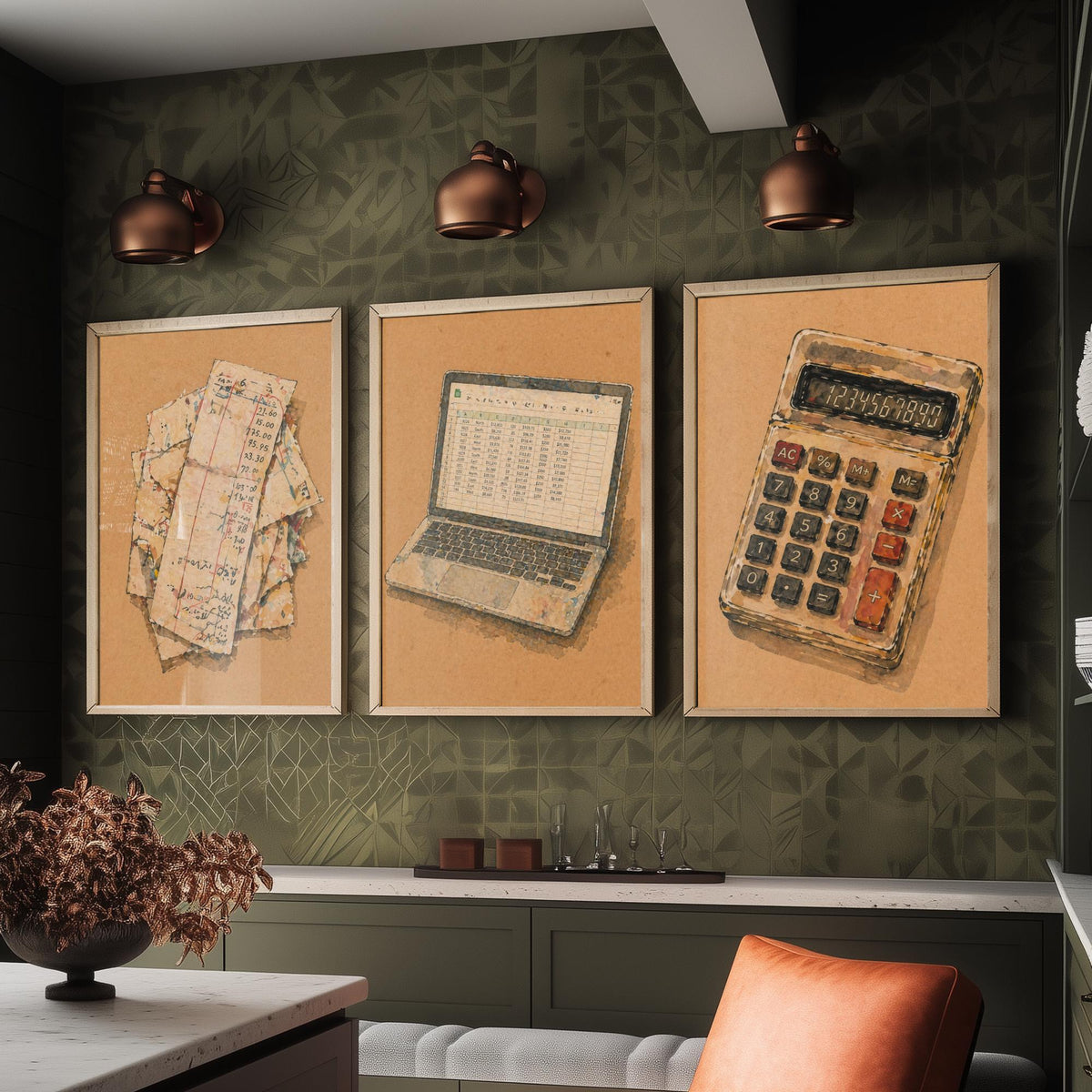 Accountant Set of Three Art Prints - 3 Receipts Laptop Calculator Posters - Egon Schiele Style Office Wall Art Gift Watercolour