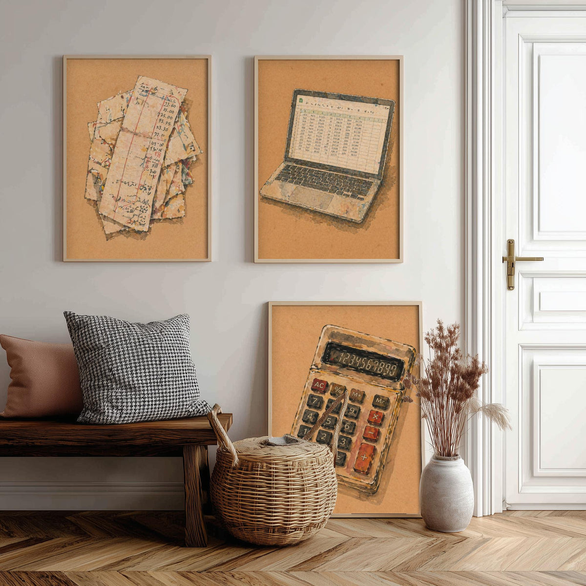Accountant Set of Three Art Prints - 3 Receipts Laptop Calculator Posters - Egon Schiele Style Office Wall Art Gift Watercolour