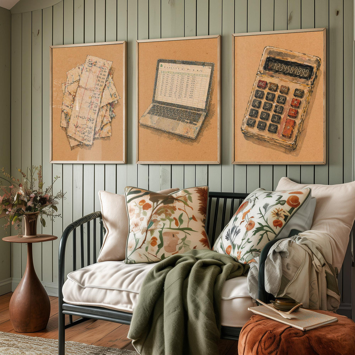 Accountant Set of Three Art Prints - 3 Receipts Laptop Calculator Posters - Egon Schiele Style Office Wall Art Gift Watercolour