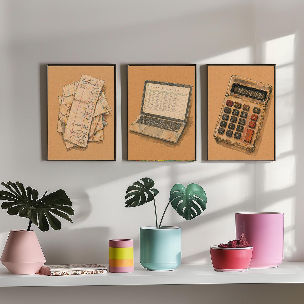 Accountant Set of Three Art Prints - 3 Receipts Laptop Calculator Posters - Egon Schiele Style Office Wall Art Gift Watercolour