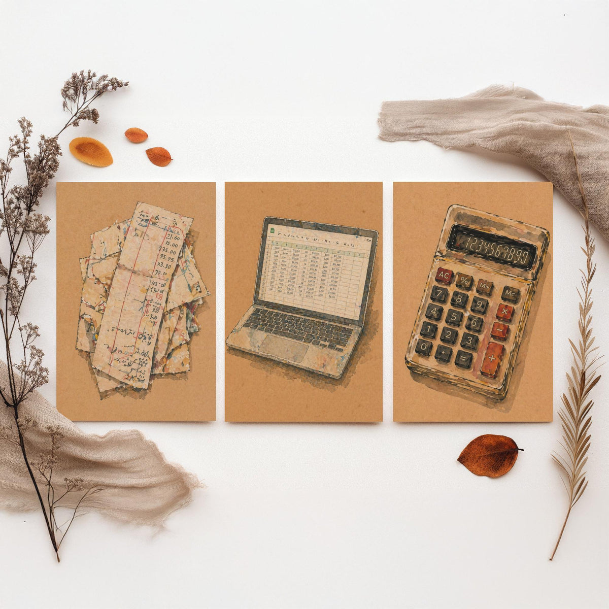Accountant Set of Three Art Prints - 3 Receipts Laptop Calculator Posters - Egon Schiele Style Office Wall Art Gift Watercolour