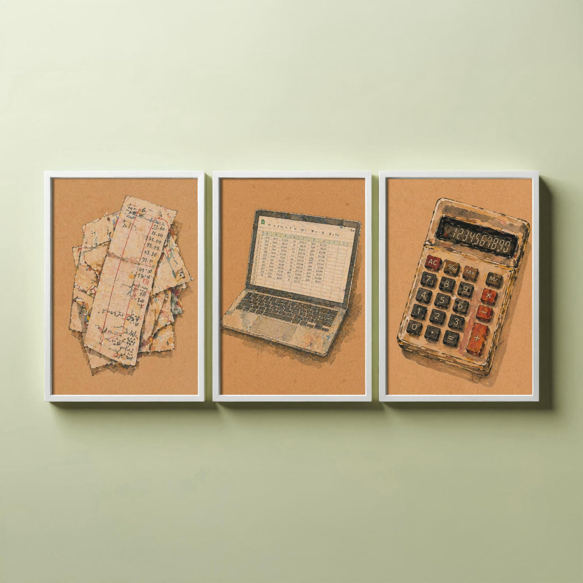 Accountant Set of Three Art Prints - 3 Receipts Laptop Calculator Posters - Egon Schiele Style Office Wall Art Gift Watercolour