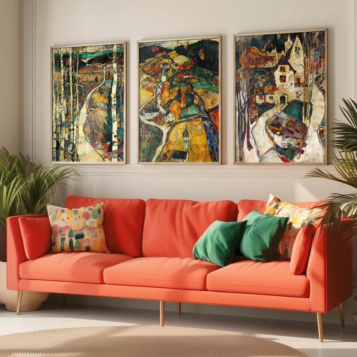 English Countryside Set of Three Art Prints - 3 Village Landscape Posters - Egon Schiele Style Expressive Wall Art Gift Painting