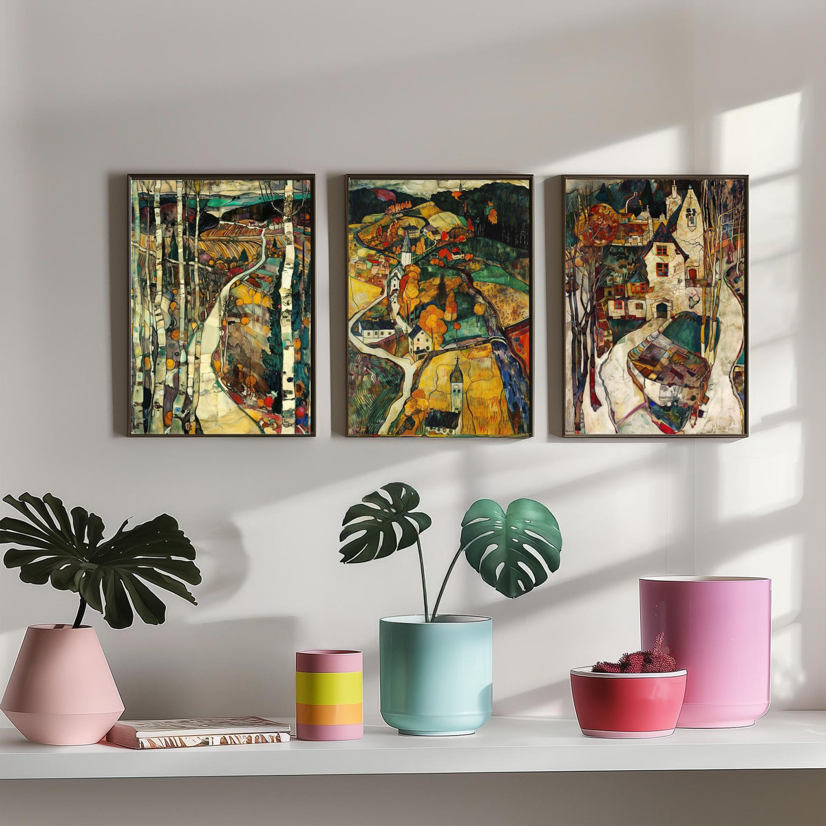 English Countryside Set of Three Art Prints - 3 Village Landscape Posters - Egon Schiele Style Expressive Wall Art Gift Painting