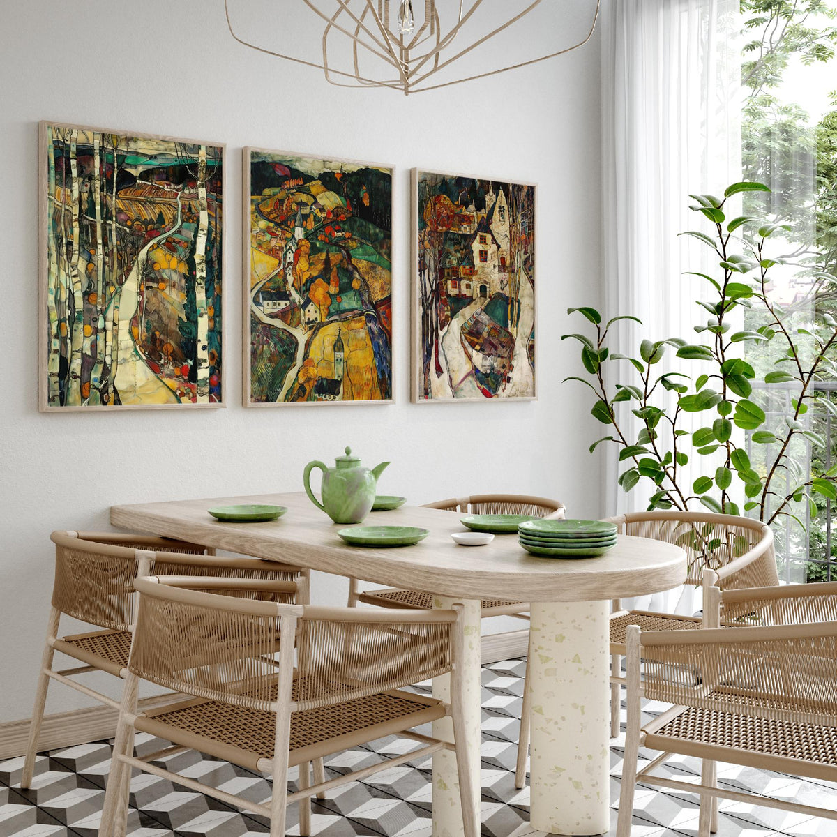 English Countryside Set of Three Art Prints - 3 Village Landscape Posters - Egon Schiele Style Expressive Wall Art Gift Painting