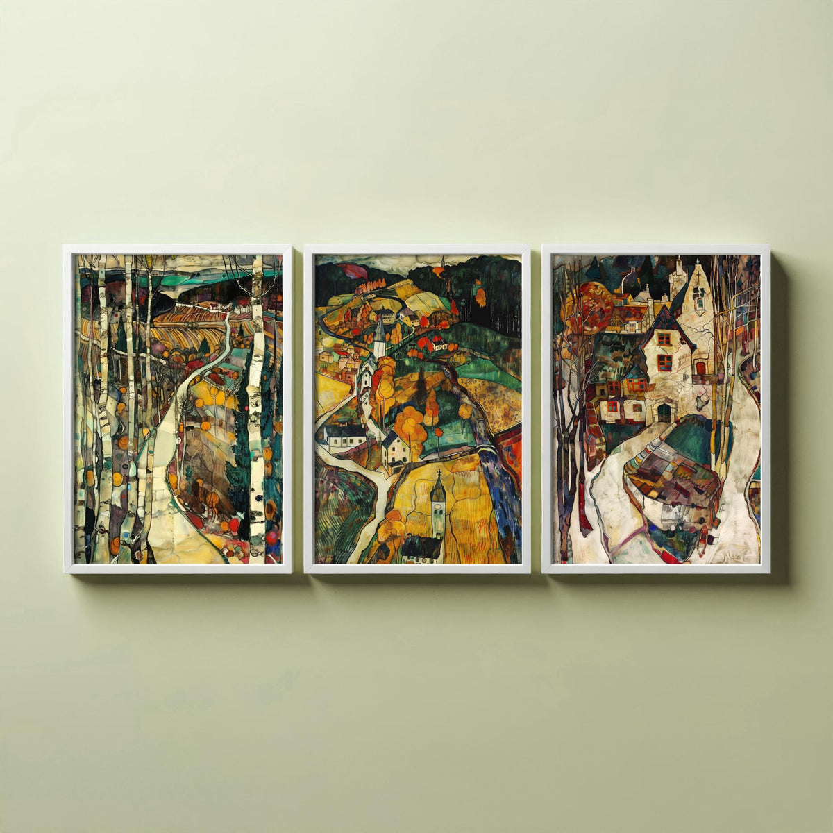 English Countryside Set of Three Art Prints - 3 Village Landscape Posters - Egon Schiele Style Expressive Wall Art Gift Painting