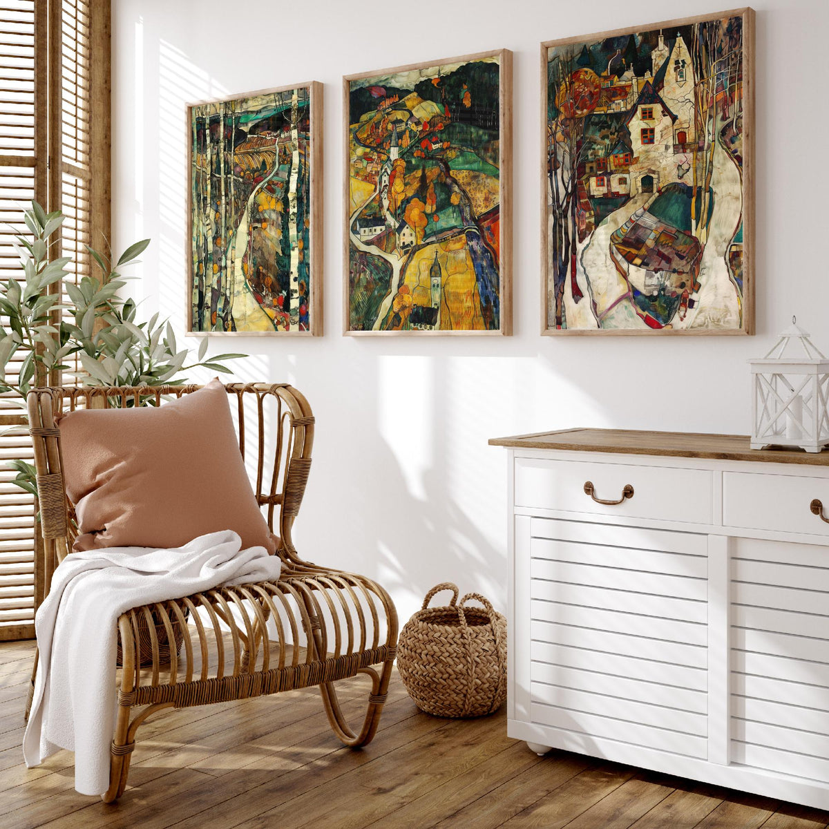 English Countryside Set of Three Art Prints - 3 Village Landscape Posters - Egon Schiele Style Expressive Wall Art Gift Painting