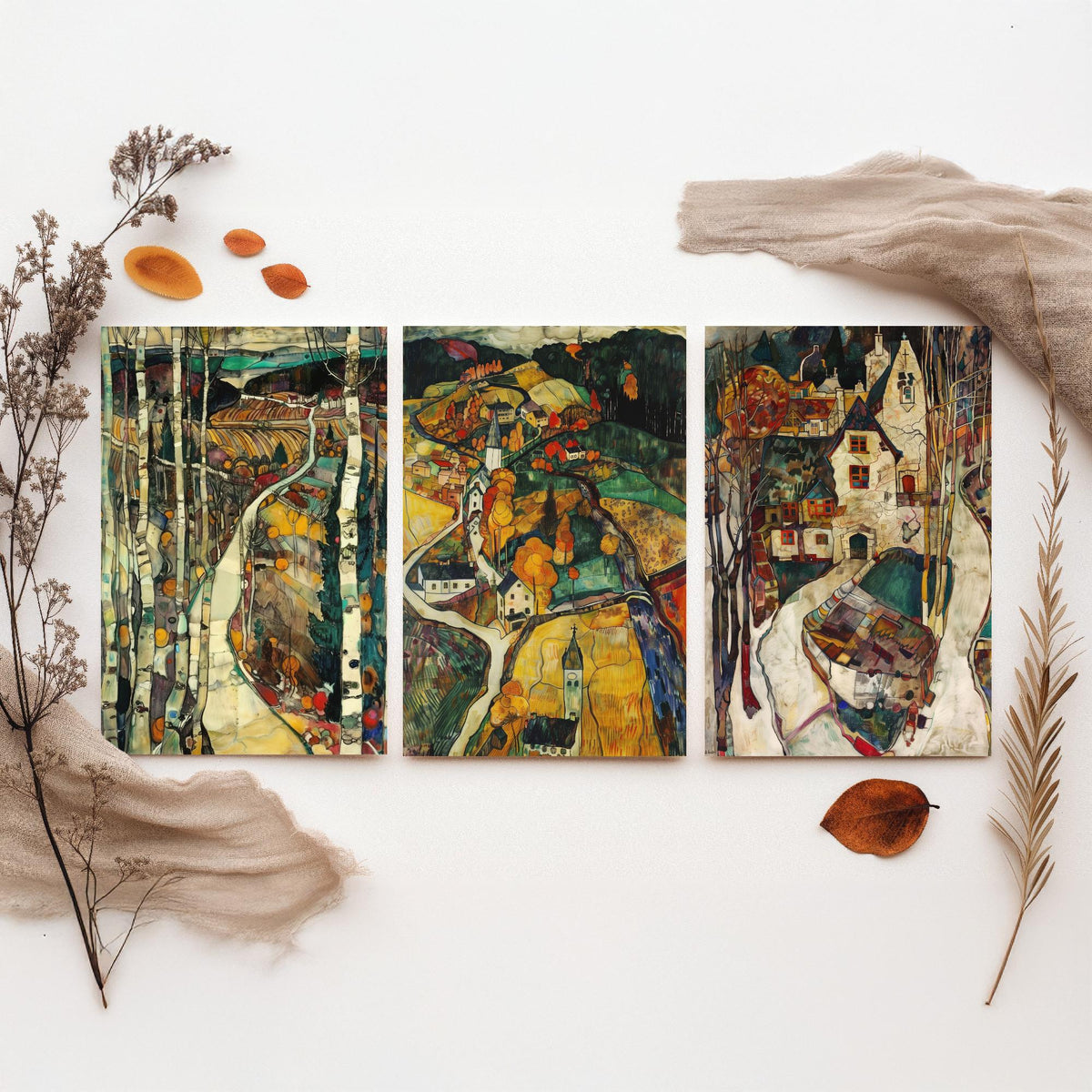 English Countryside Set of Three Art Prints - 3 Village Landscape Posters - Egon Schiele Style Expressive Wall Art Gift Painting