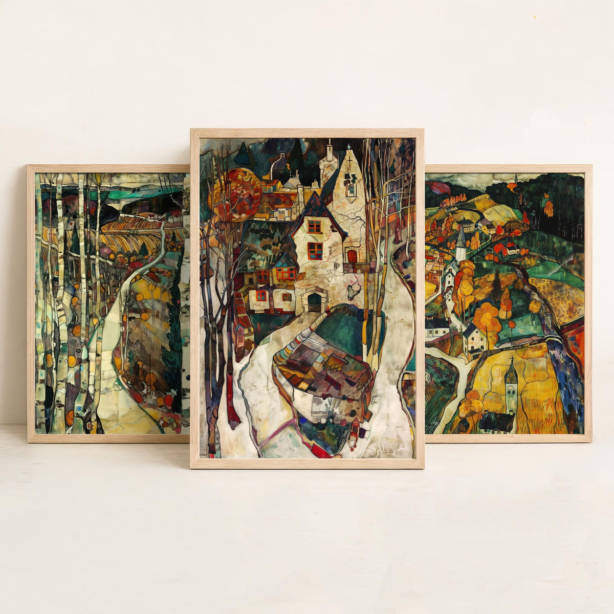 English Countryside Set of Three Art Prints - 3 Village Landscape Posters - Egon Schiele Style Expressive Wall Art Gift Painting