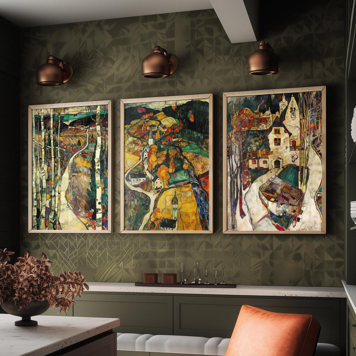 English Countryside Set of Three Art Prints - 3 Village Landscape Posters - Egon Schiele Style Expressive Wall Art Gift Painting