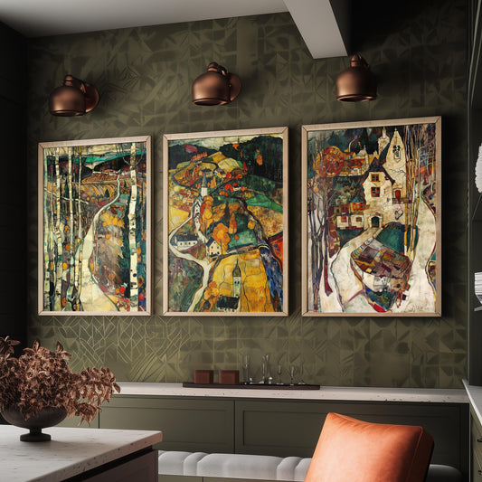 English Countryside Set of Three Art Prints - 3 Village Landscape Posters - Egon Schiele Style Expressive Wall Art Gift Painting