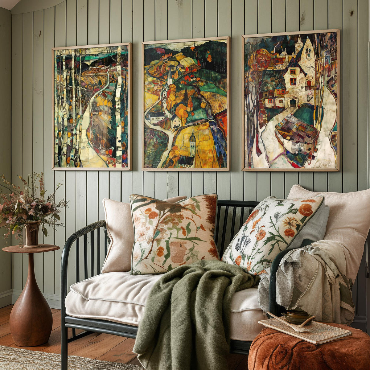 English Countryside Set of Three Art Prints - 3 Village Landscape Posters - Egon Schiele Style Expressive Wall Art Gift Painting